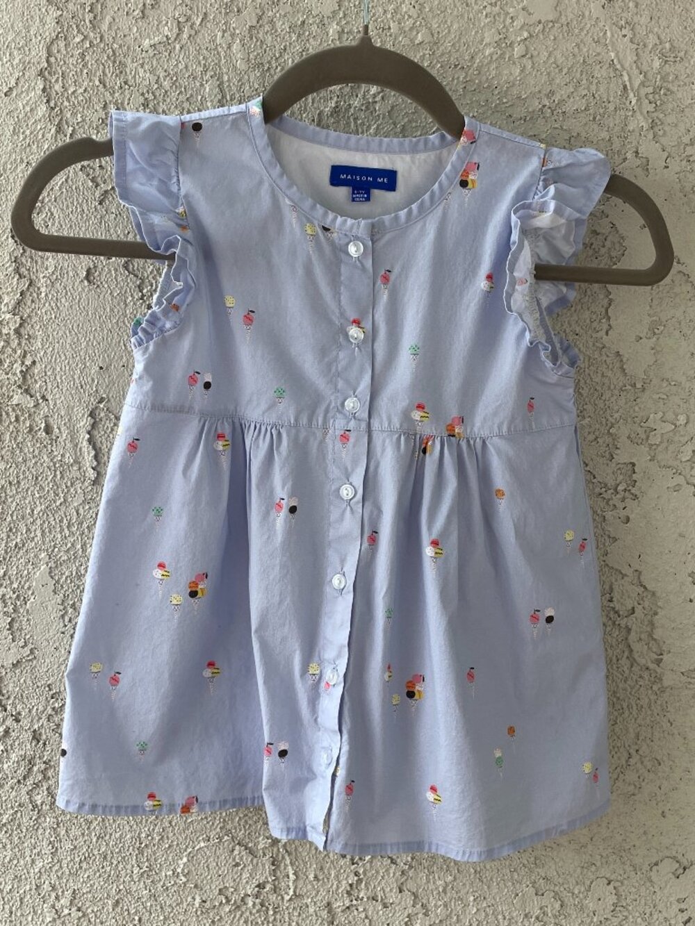 Maison Me Girls Ice Cream Print Ruffle Flutter Sleeve Button Front Top 6-7Y